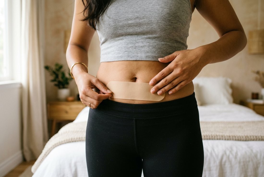 Applying the EZZ Period patch on the lower abdomen