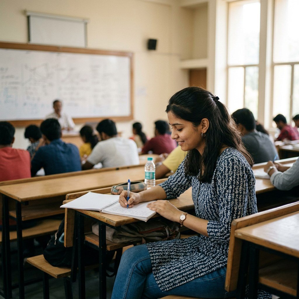 Student sitting comfortably through a college lecture