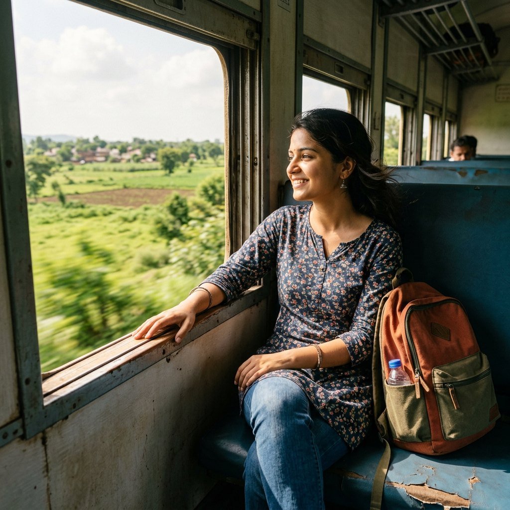 Young woman travelling by train, relaxed and pain-free